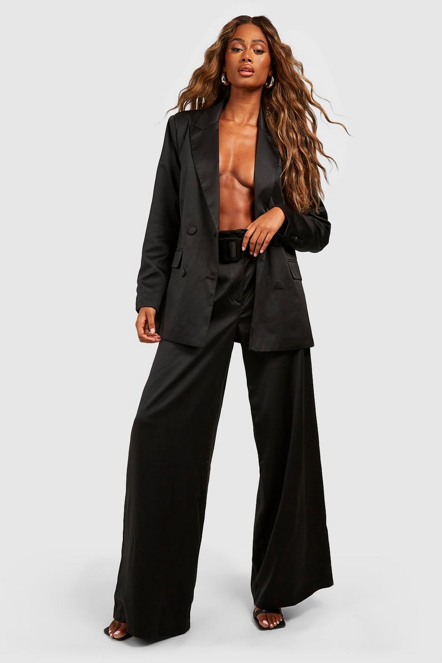 Black Textured Matte Satin Belted Wide Leg Trousers image number 1