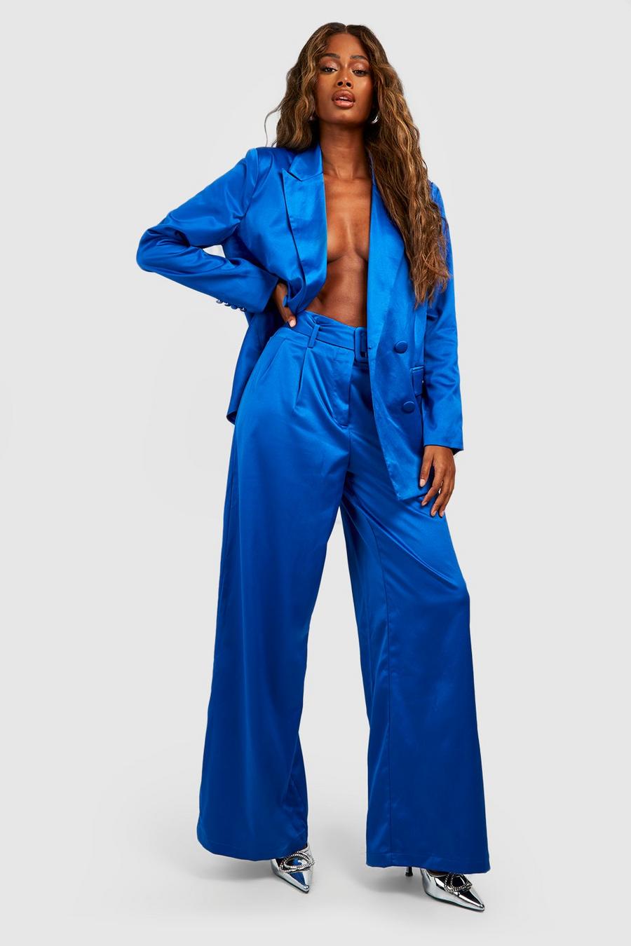 Pantaloni a gamba ampia in raso effetto opaco con trama e cintura, Cobalt azul