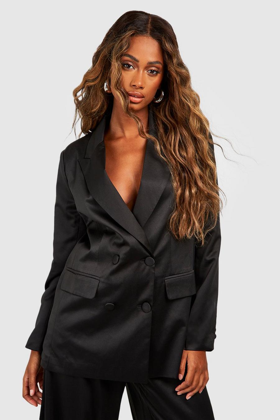 Black Textured Satin Double Breasted Tailored Blazer image number 1