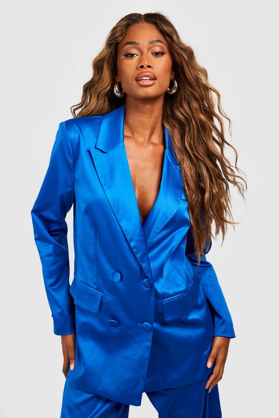 Cobalt blue Textured Satin Double Breasted Tailored Blazer