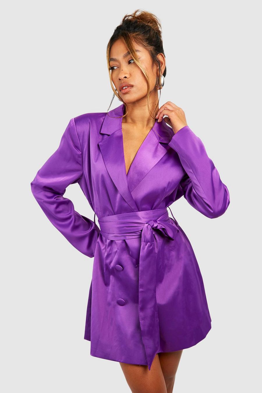 Robe blazer satinée nouée à la taille, Violet image number 1