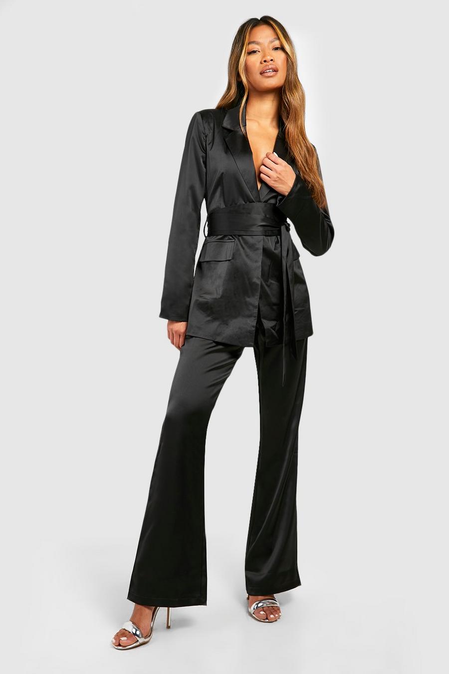 Black Kostymbyxor i satin med utsvängda ben image number 1