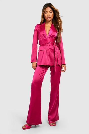 Magenta Pink Matte Satin Fit & Flare Dress Pants