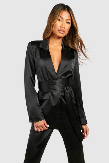 Black Matte Satin Obi Tie Waist Tailored Blazer