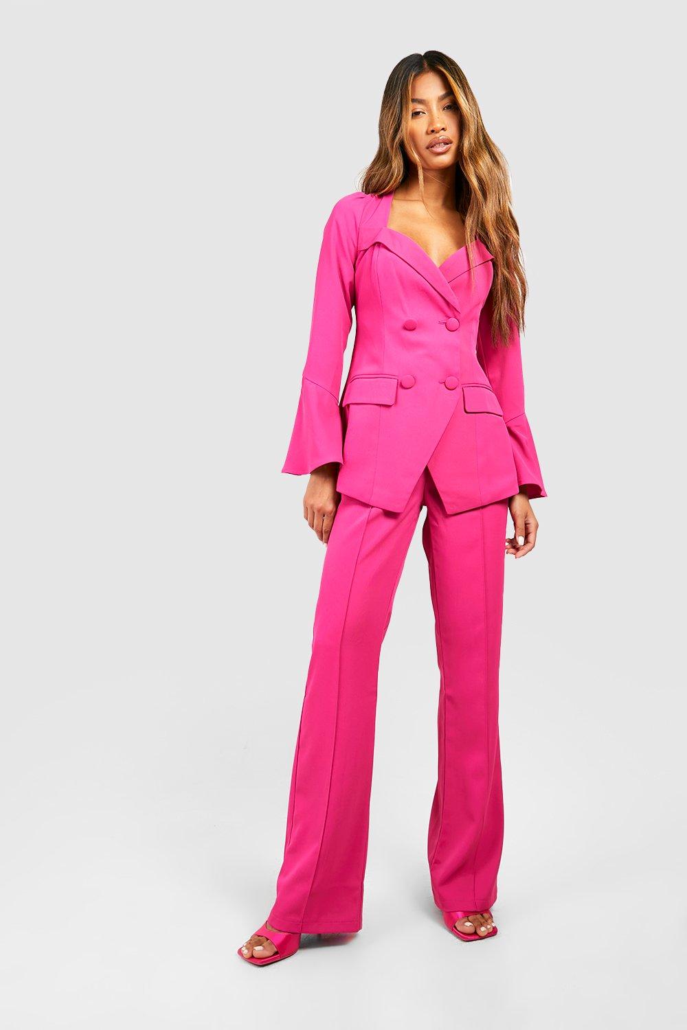 Women Hot Pink Fitted Blazer + Flare Trousers Pants Suit