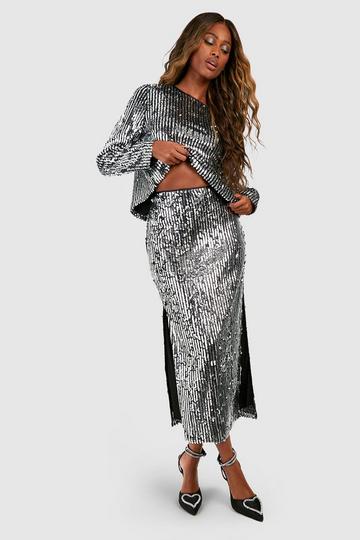 Black Premium Sequin Stripe Split Side Midi Skirt