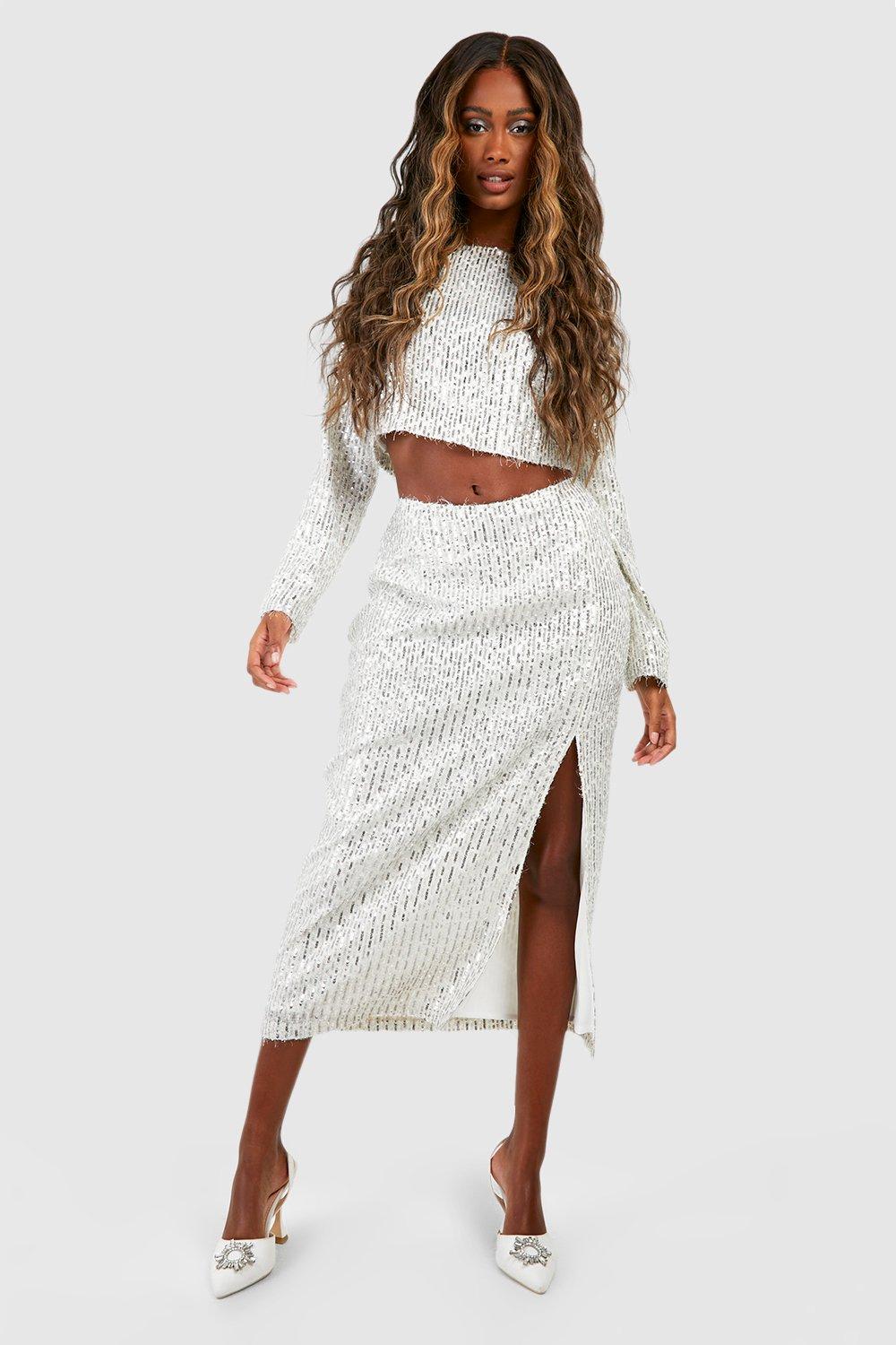 Textured Sequin Stripe Split Midaxi Skirt boohoo