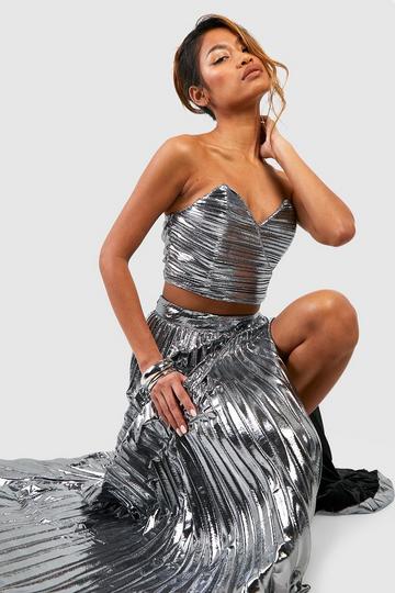 Pleated Metallic Thigh Split Maxi Skirt silver