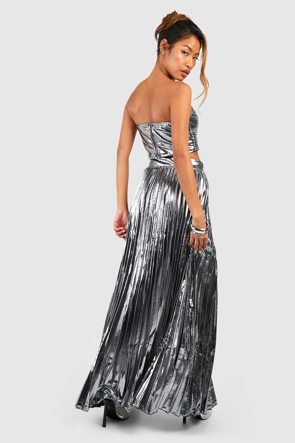 Pleated Metallic Thigh Split Maxi Skirt