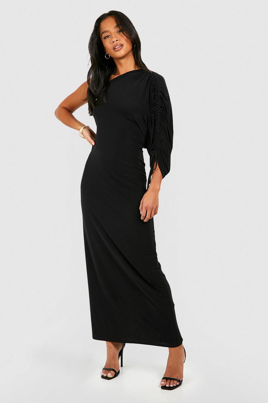 Black Petite Asymmetric Ruched One Shoulder Maxi Dress 