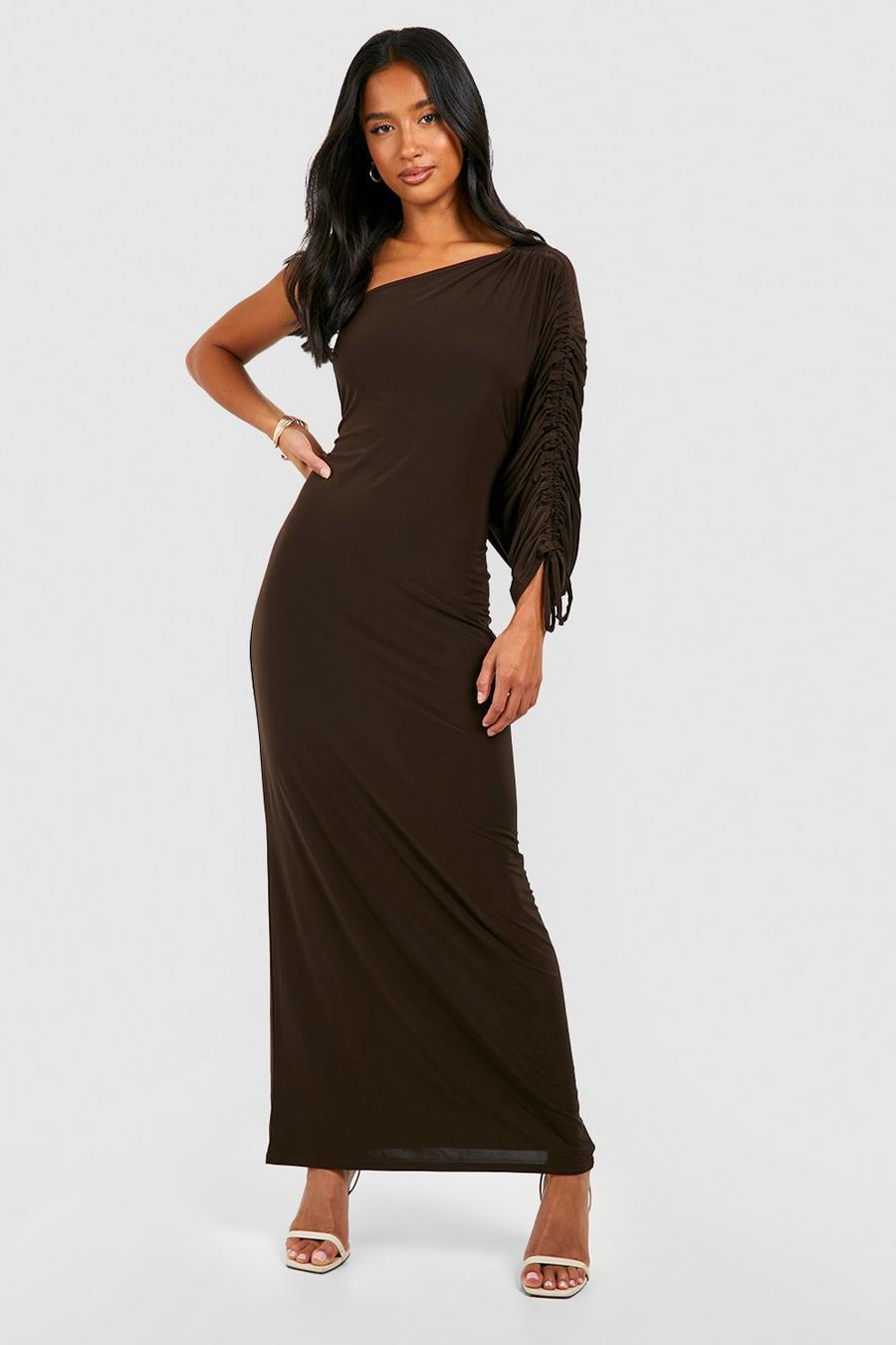 Chocolate Petite Asymmetric Ruched One Shoulder Maxi Dress 