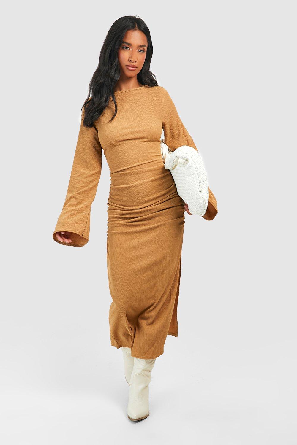 Petite Textured Ruched Flare Sleeve Maxi Dress