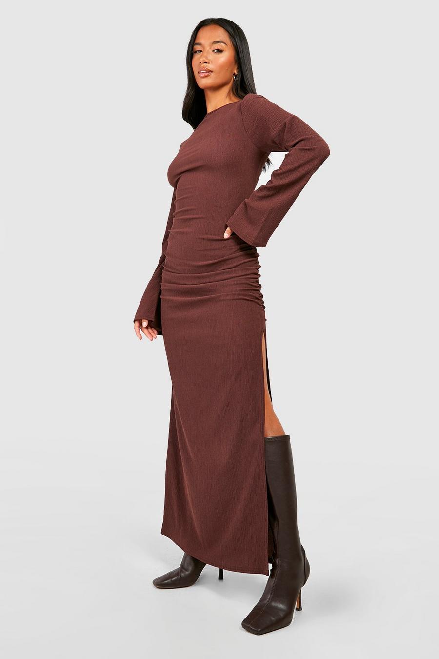 Chocolate Petite Textured Ruched Flare Sleeve Maxi Dress 