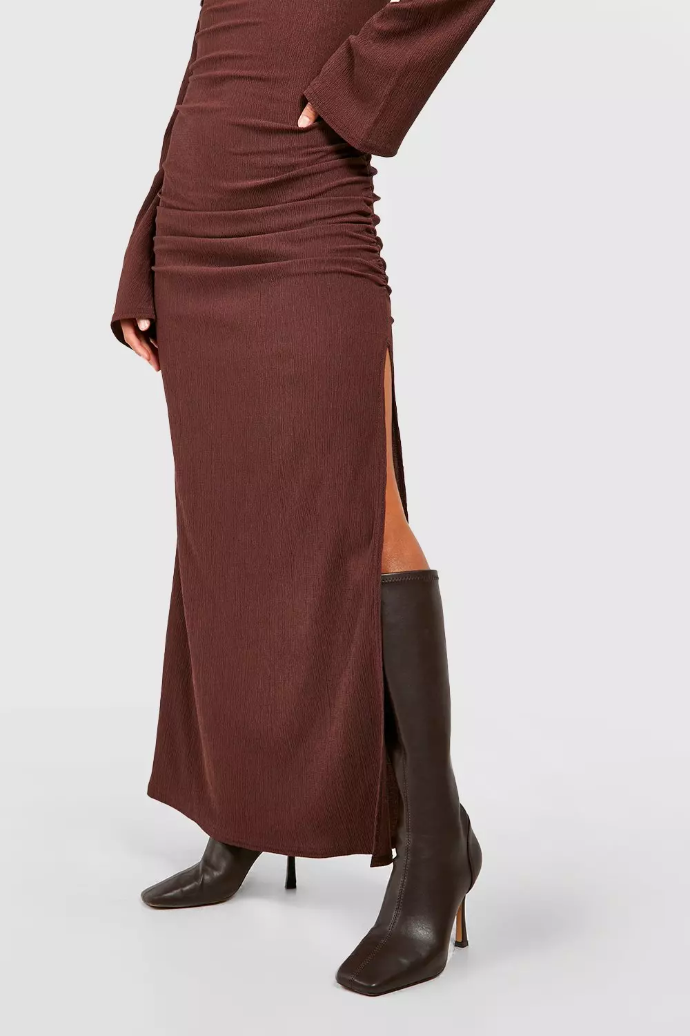 Petite Textured Ruched Flare Sleeve Maxi Dress