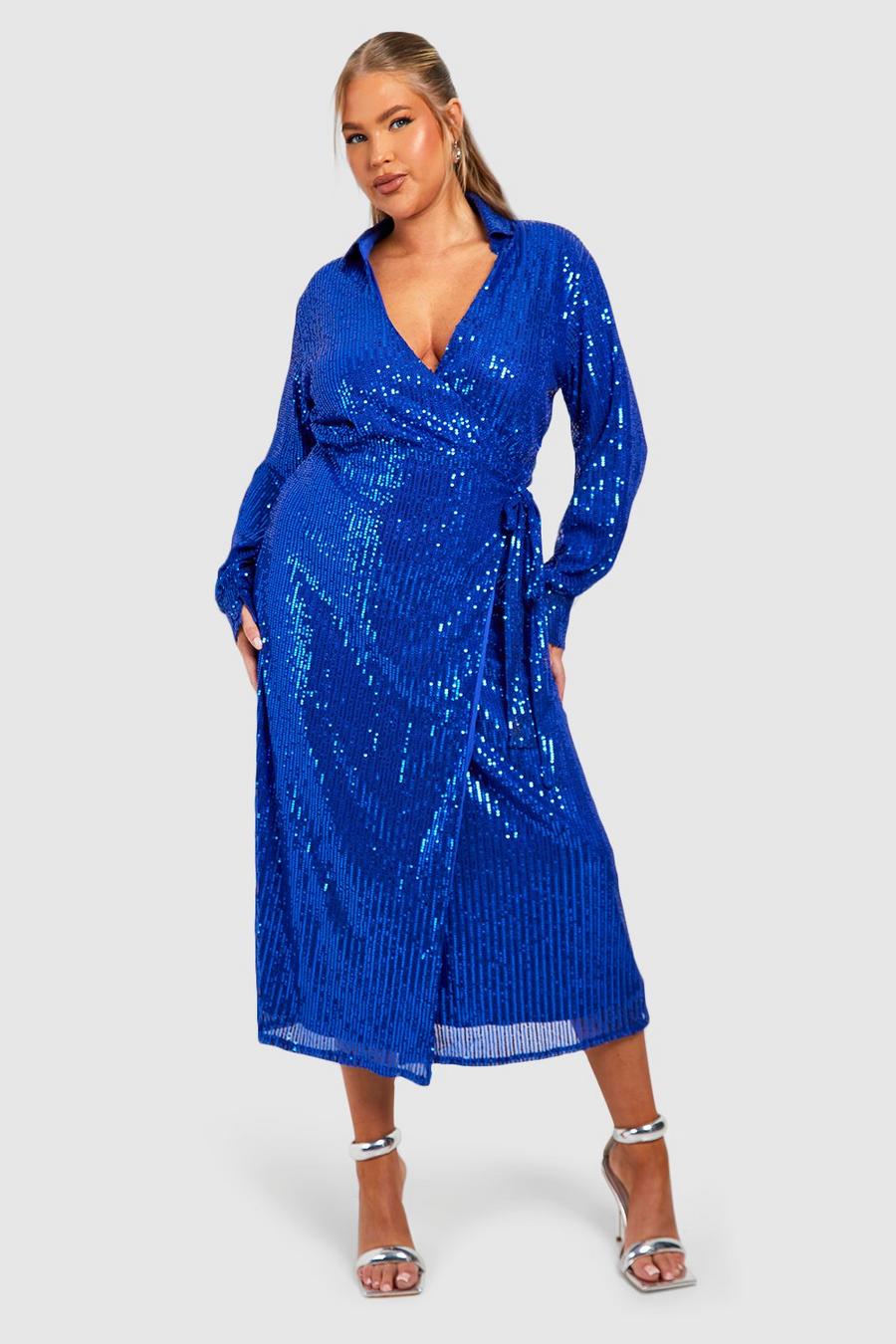 Cobalt Plus Sequin Wrap Midi Shirt Dress