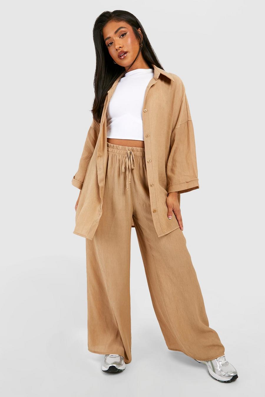Stone Petite Textured Crinkle Oversized Shirt & Trousers image number 1