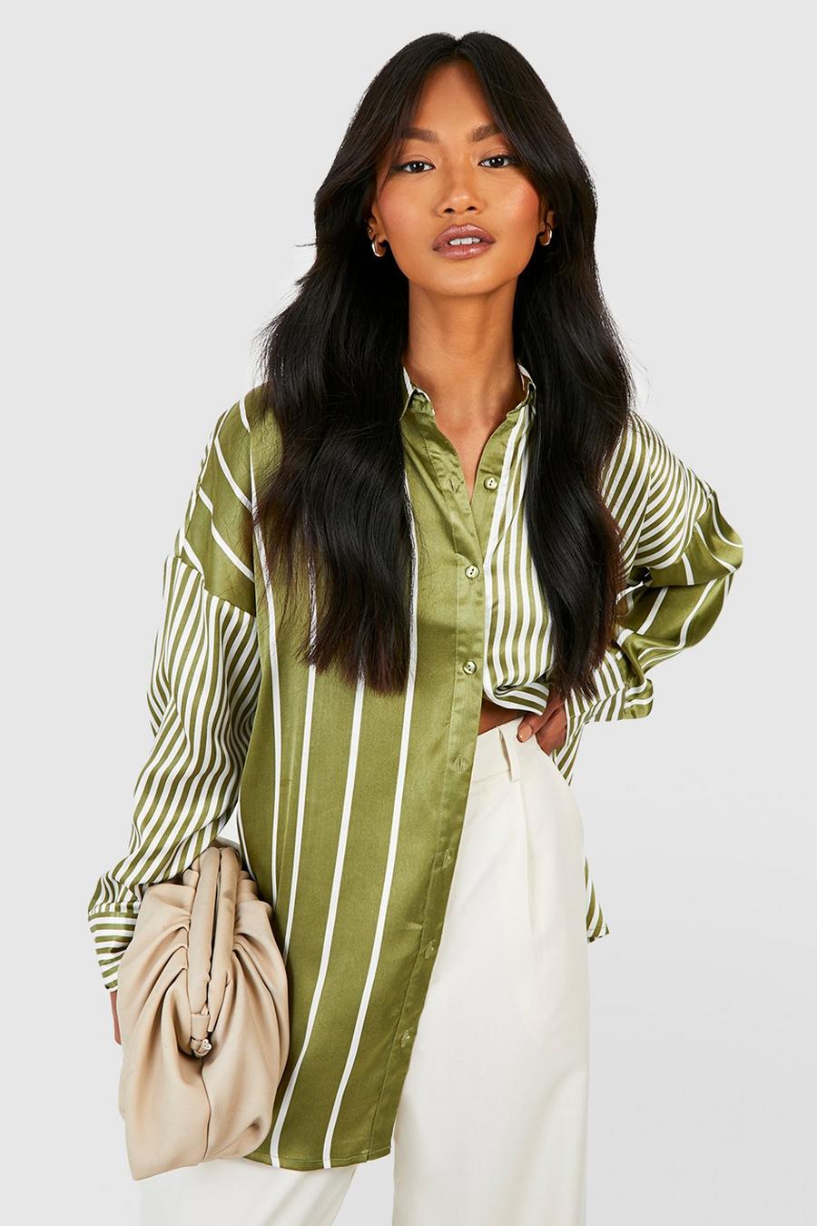 Camicia oversize in raso a righe miste, Green image number 1