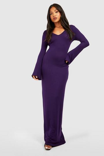 Petite V Neck Flare Sleeve Maxi Dress purple