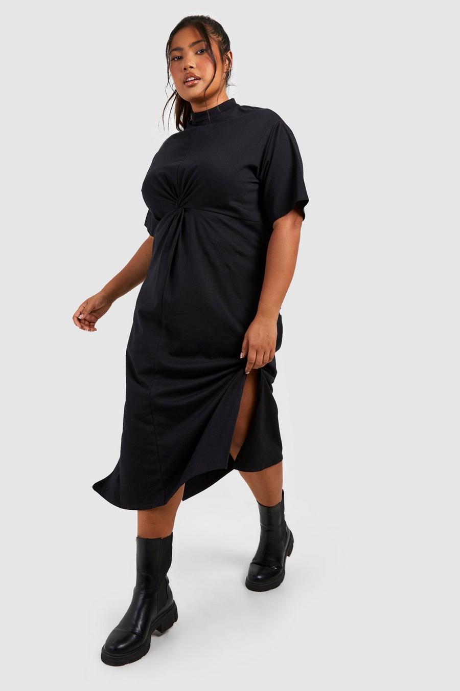 Vestido Plus midaxi de algodón y manga corta con nudo frontal, Black image number 1