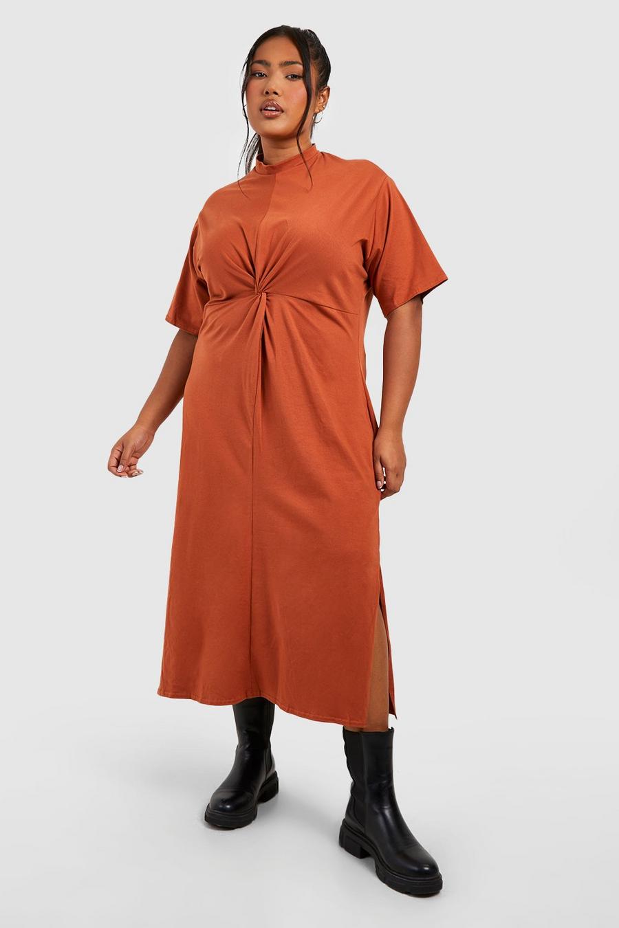 Spice orange Plus Cotton Short Sleeve Twist Front Midaxi Dress