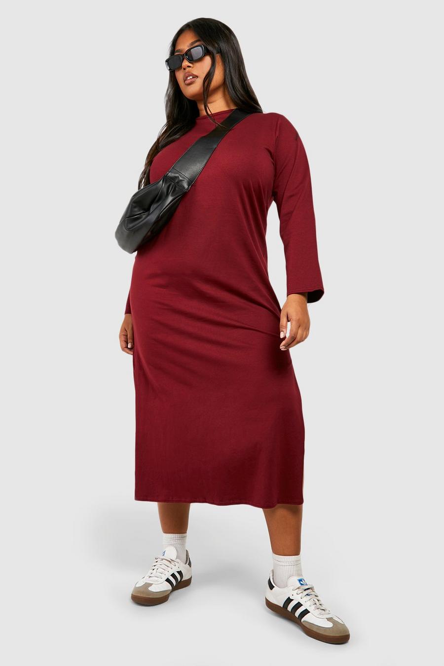 Berry rouge Plus Cotton Long Sleeve Split Midaxi Dress