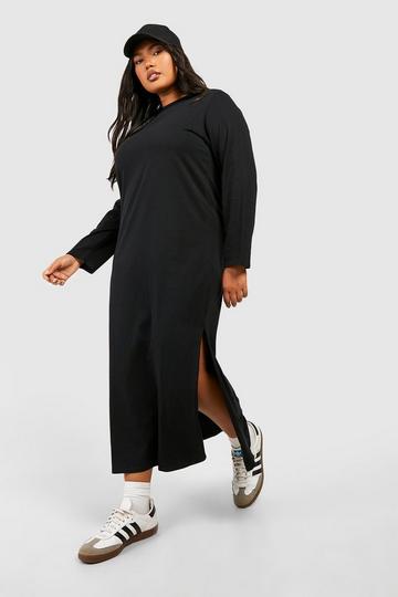 Black Plus Cotton Long Sleeve Split Midaxi Dress