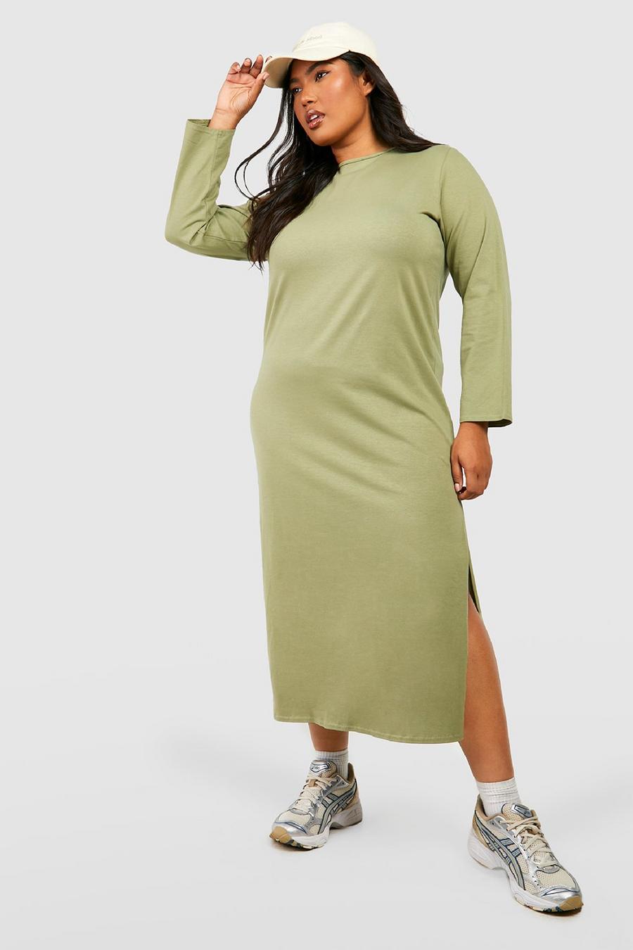 Khaki Plus Cotton Long Sleeve Split Midi Dress image number 1