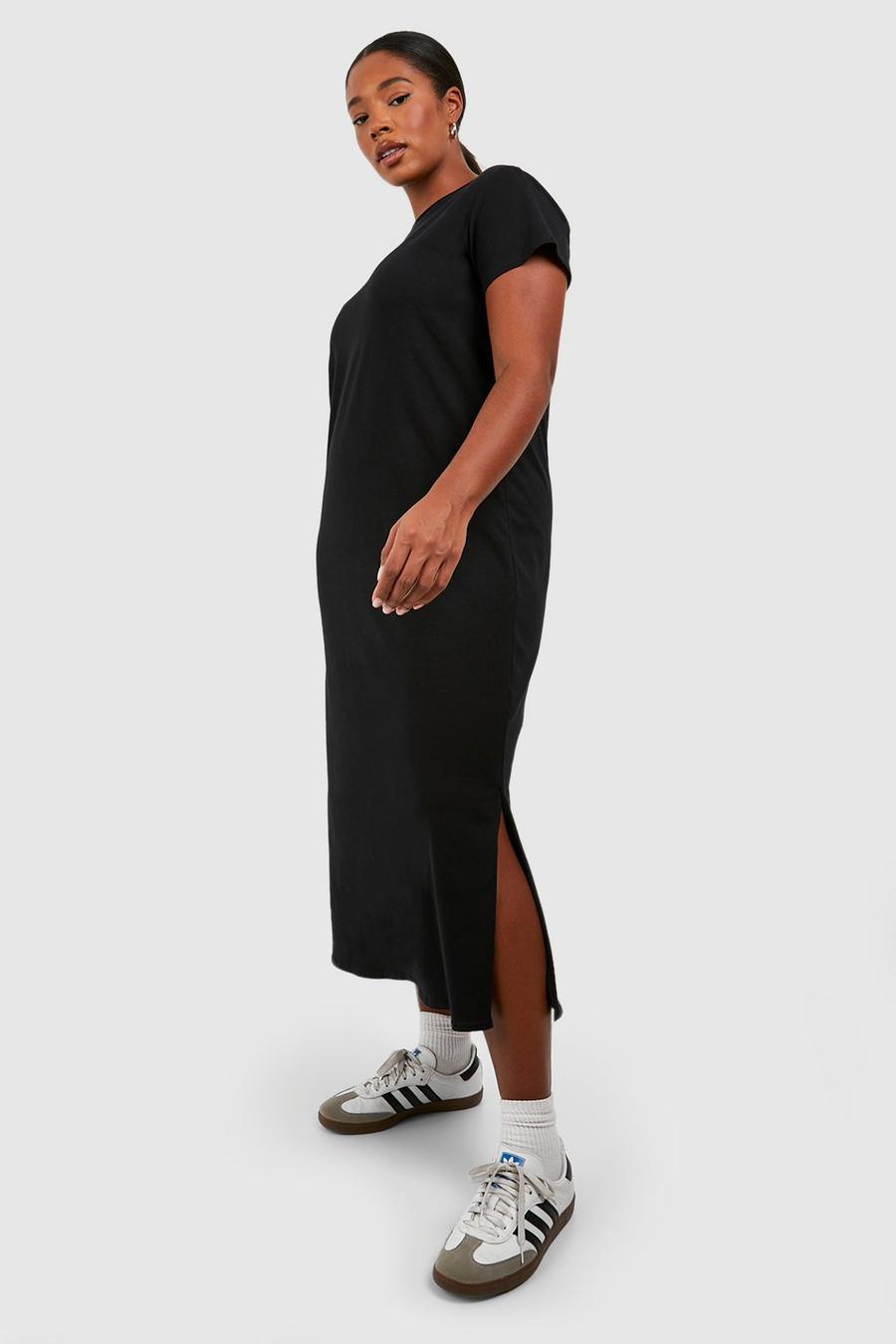 Black Plus Cotton Short Sleeve Split Midi T-Shirt Dress