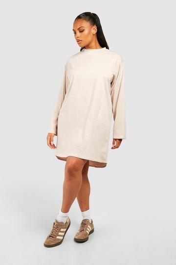 Stone Beige Plus Cotton Long Sleeve Dipped Hem T-shirt Dress