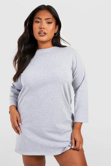 Grey Plus Cotton Long Sleeve Split T-shirt Dress