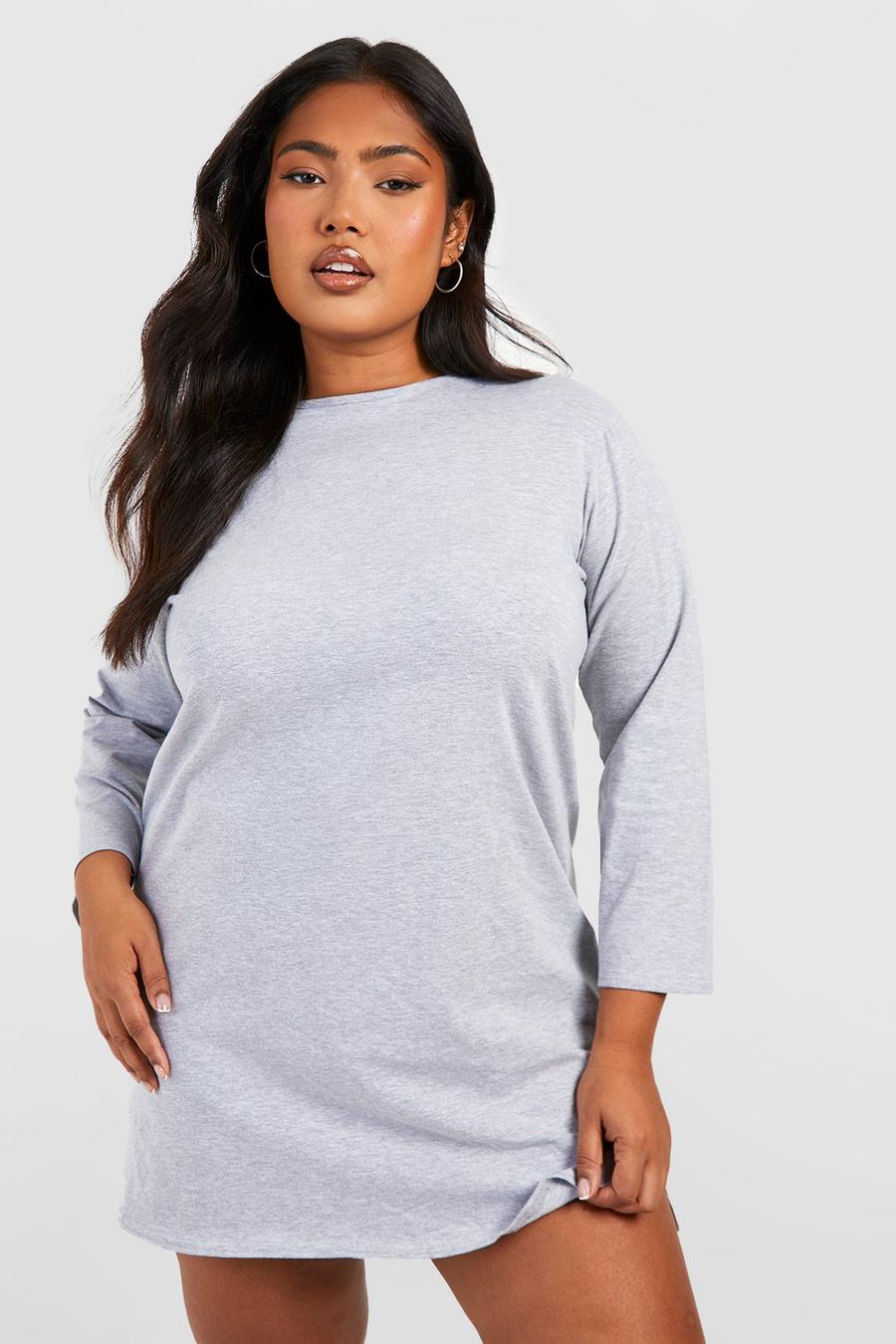 Grey marl Plus Cotton Long Sleeve Split T-shirt Dress image number 1