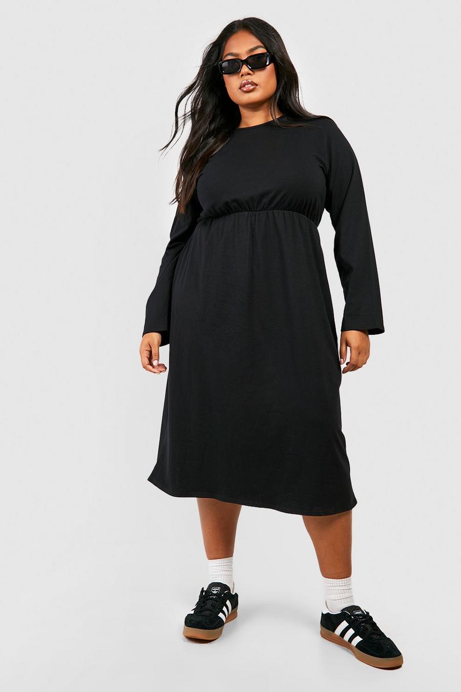 Vestito midi Plus Size in cotone con vita elasticizzata e arricciature, Black