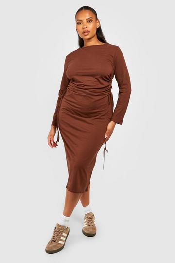 Plus Cotton Ruched Tie Side Midi T-Shirt Dress chocolate