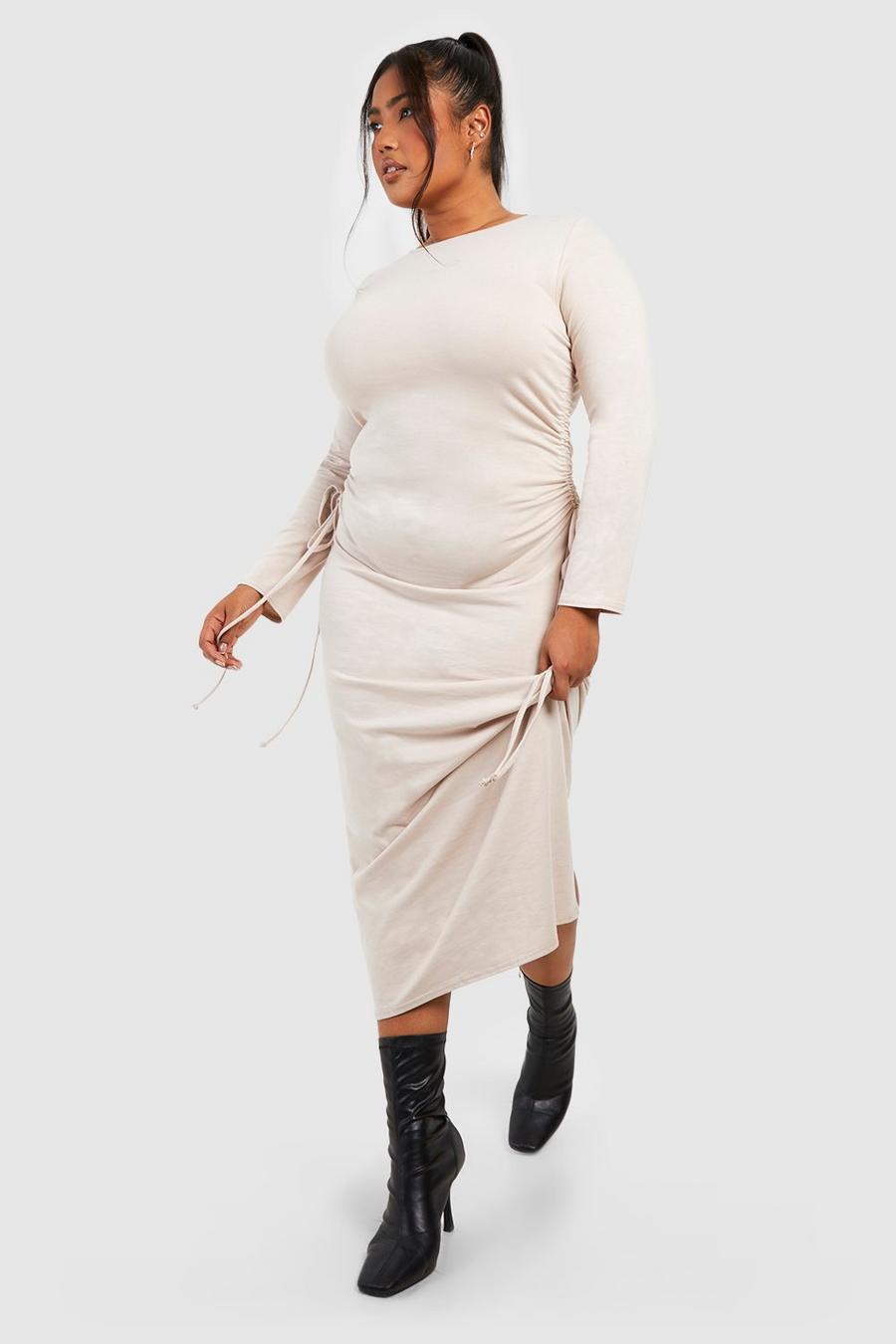 Stone Plus Cotton Ruched Tie Side Midi T-Shirt Dress image number 1