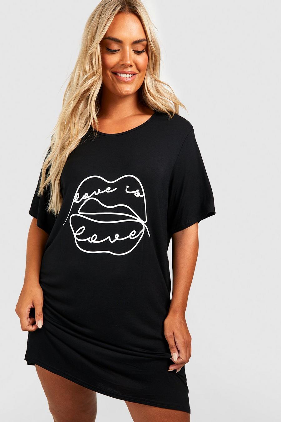 Camicia da notte Plus Size con stampa di labbra, Black negro
