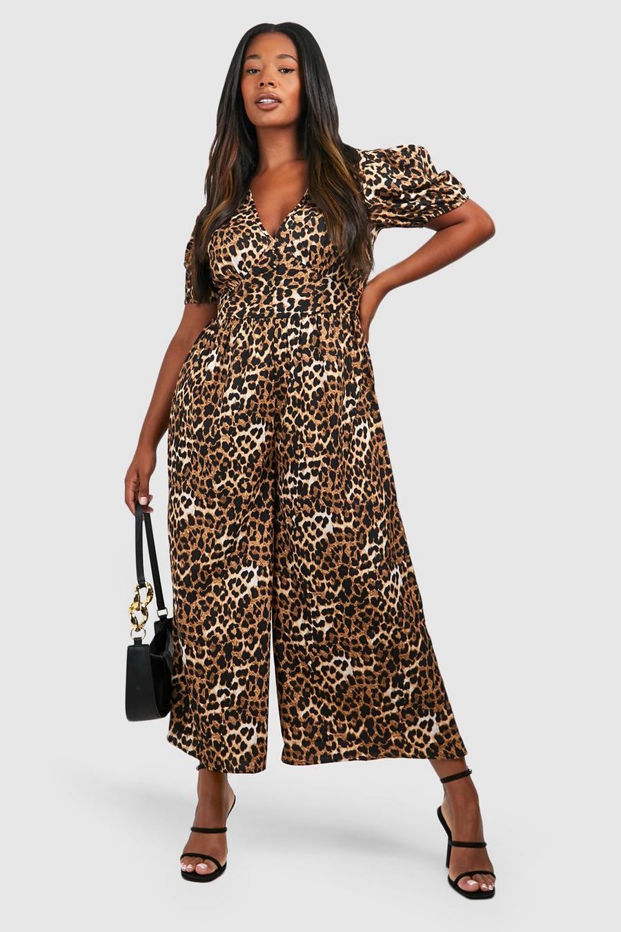 Brown Plus Woven Leopard Puff Sleeve Jumpsuit image number 1
