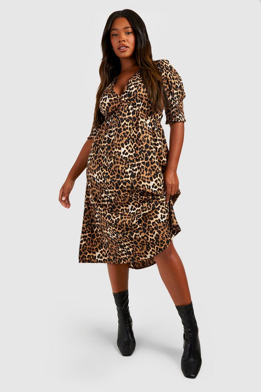 Brown Plus Leopard Shirred Cuff Midi Dress image number 1