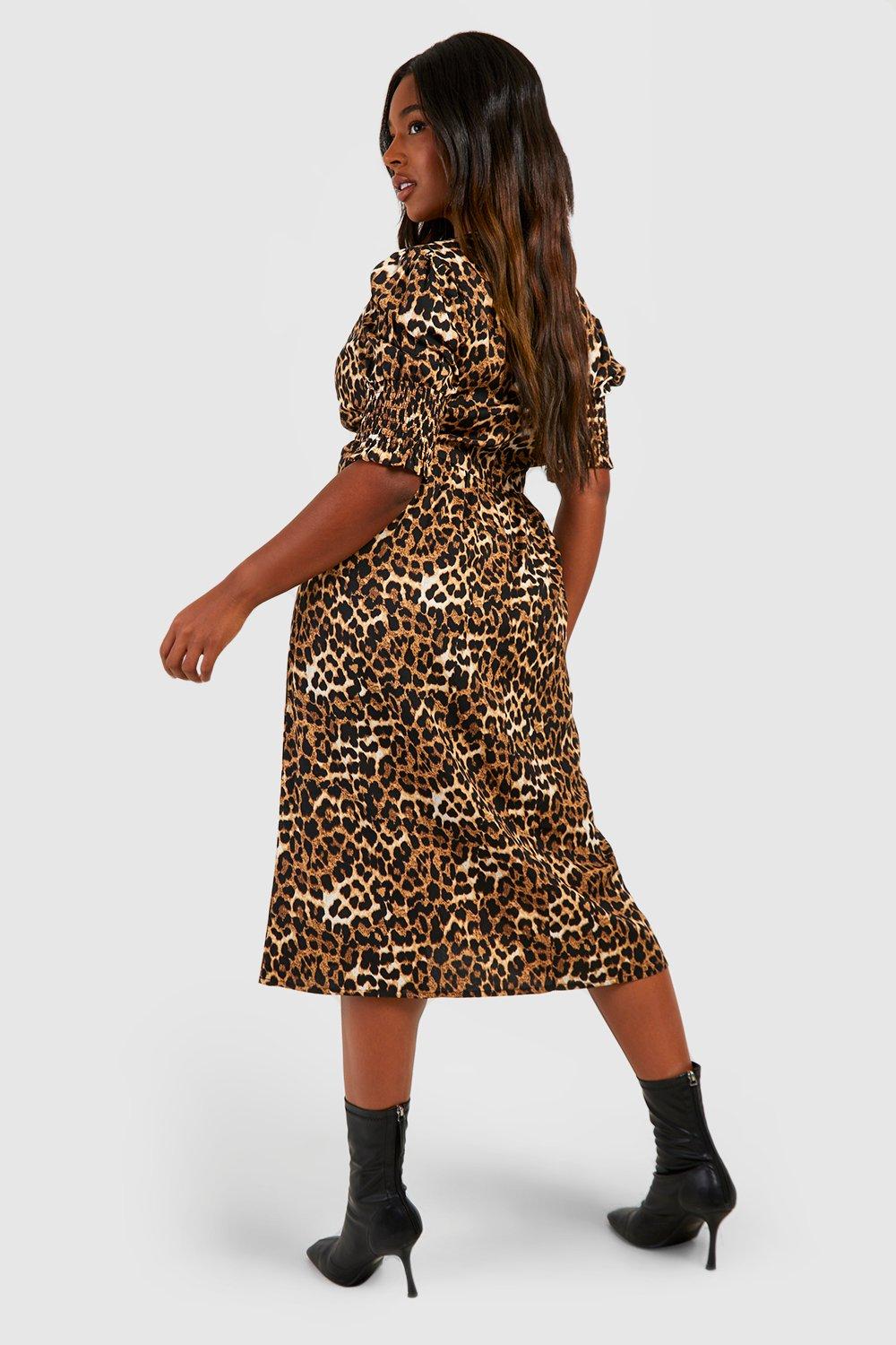 Women's Plus Leopard Shirred Cuff Midi Dress