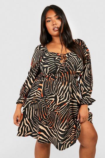 Plus Gesmokte Dierenprint Jurk Met Vierkante Hals brown
