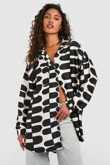 Black Tall Mono Print Oversized Satin Shirt