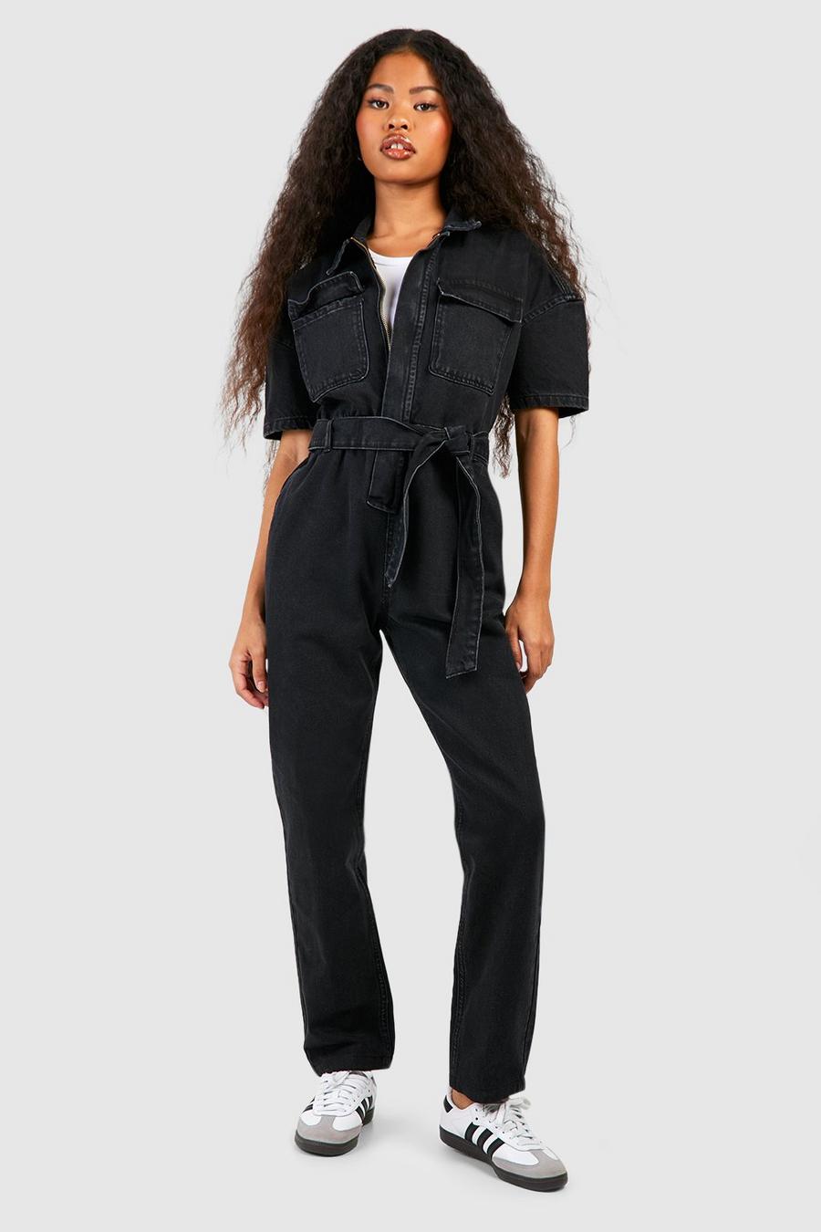 Black Petite Jean Short Sleeve Belted Boilersuit