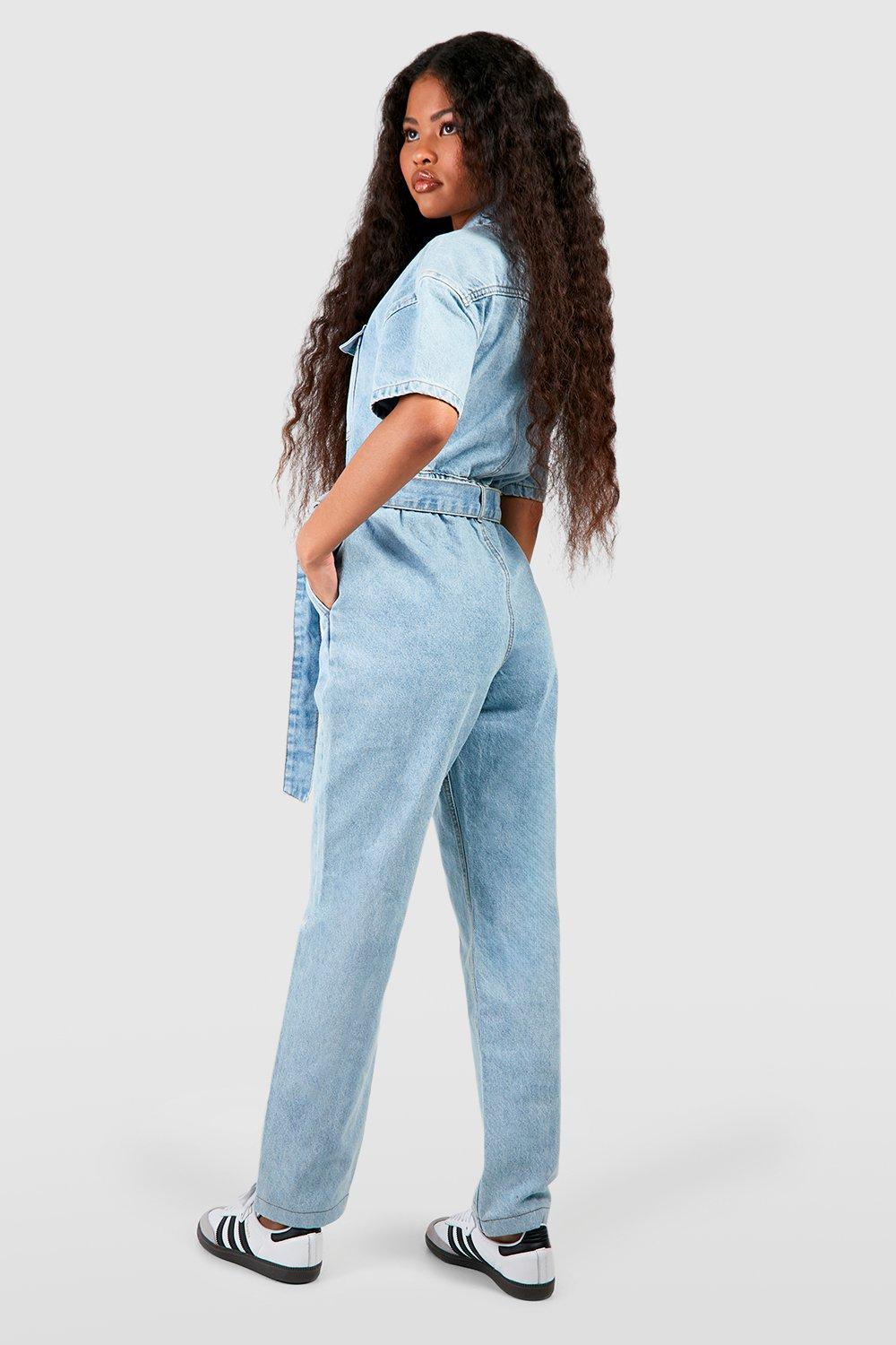 Petite Cropped Jumpsuit in Blue Denim