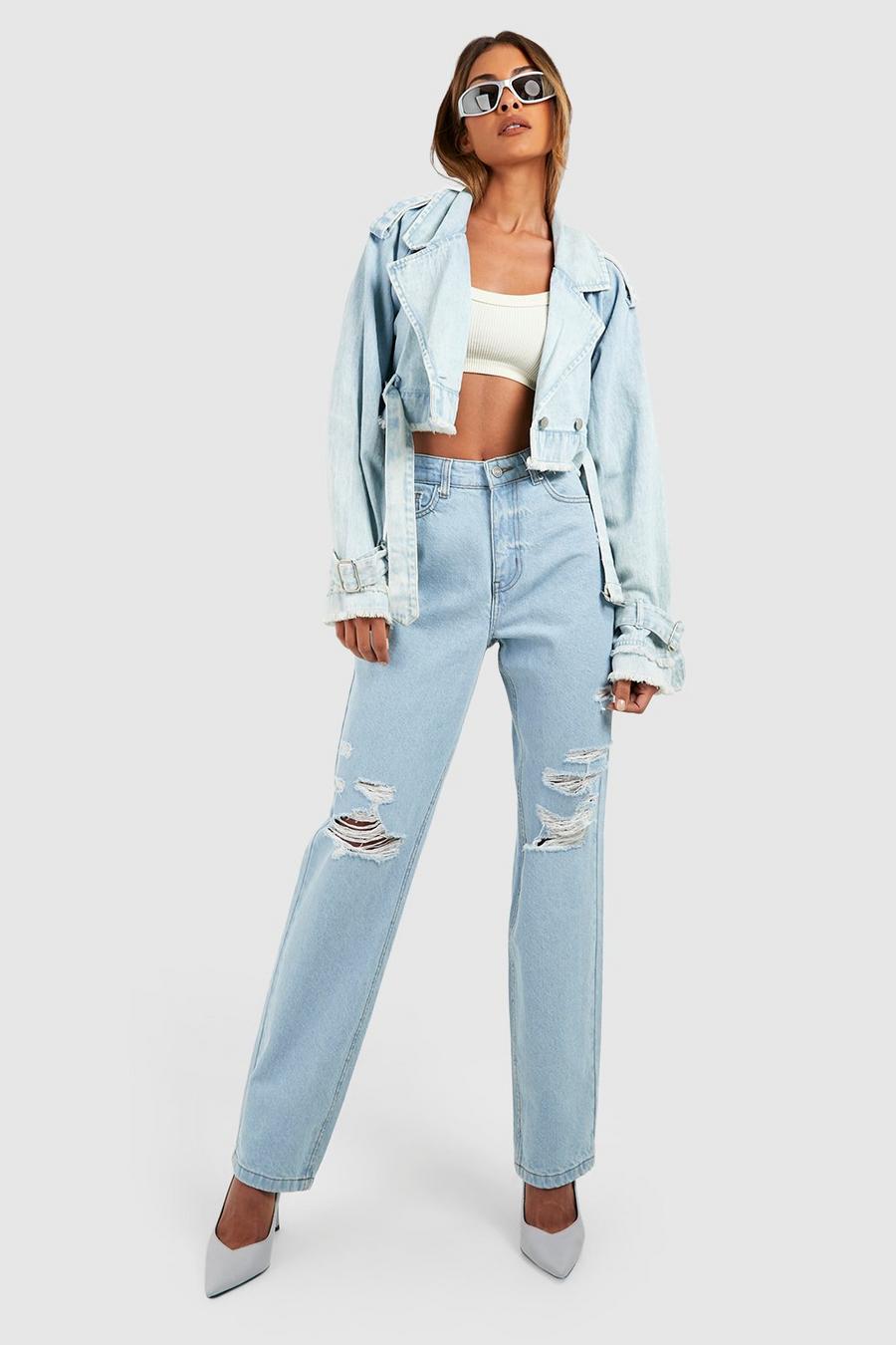 Mid blue High Waisted Distressed Ripped Straight Leg Jean image number 1