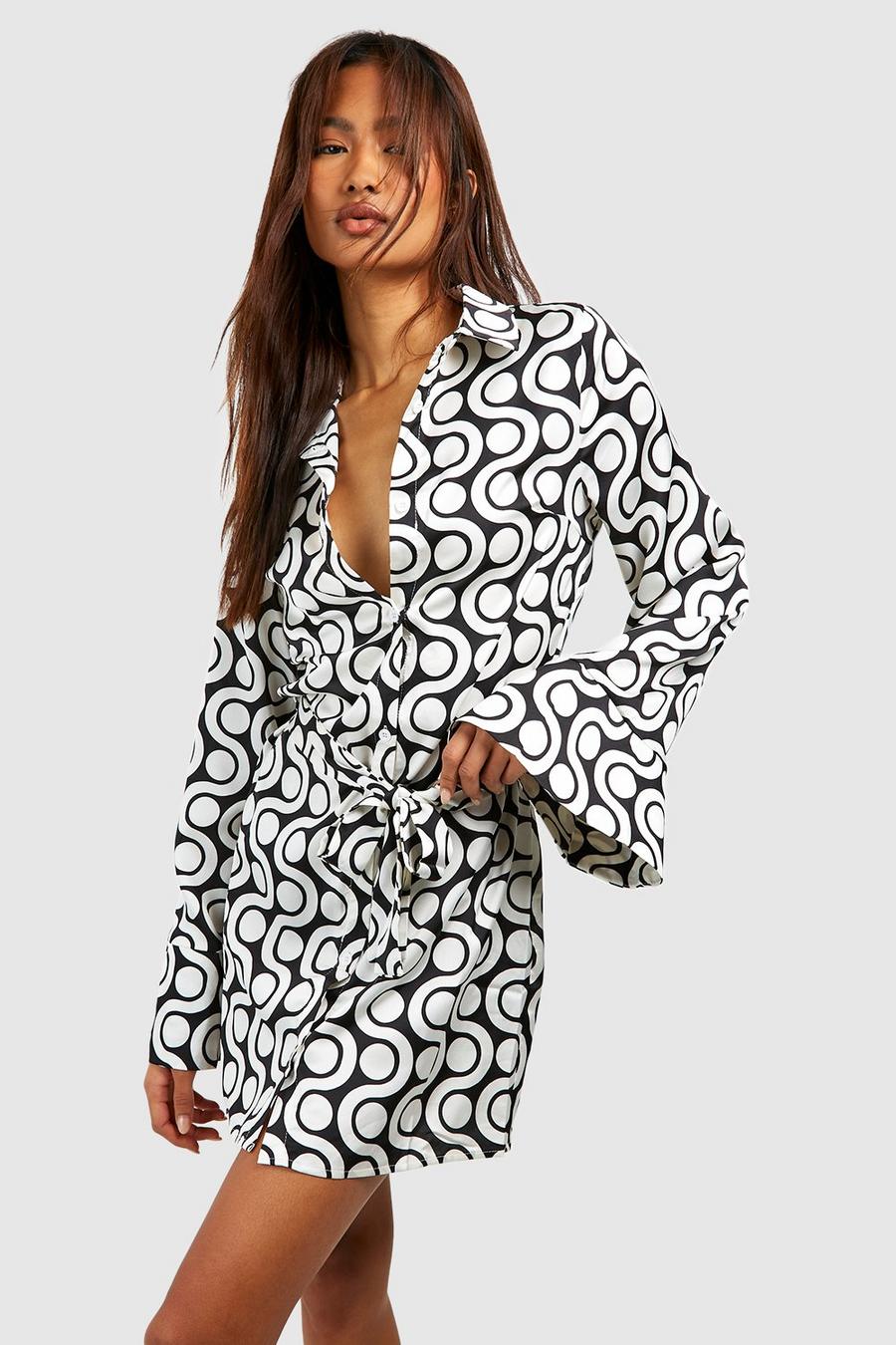 Black Tall Abstract Wide Sleeve Satin Shirt Dress image number 1