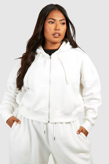 Plus Zip Through Crop Hoodie ecru