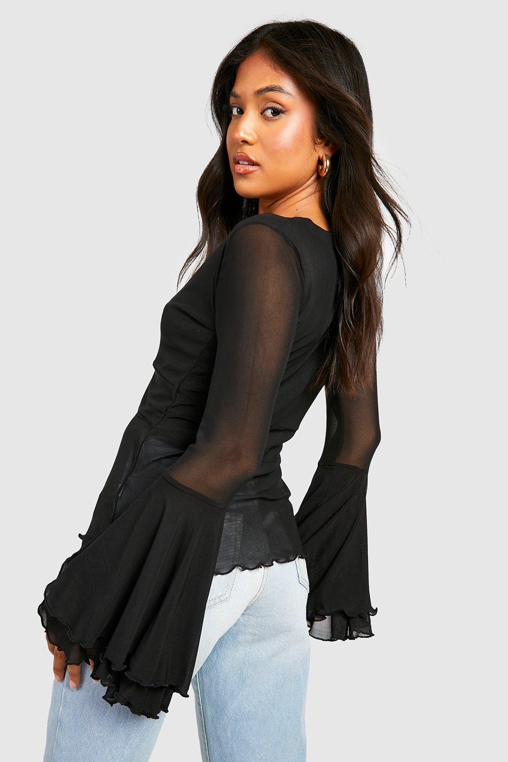 Petite Plunge Mesh Flare Sleeve Top