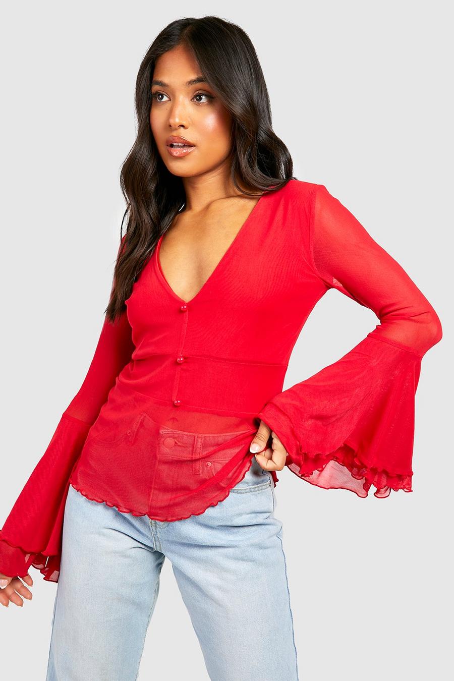 Women's Red Petite Plunge Mesh Flare Sleeve Top | Boohoo UK