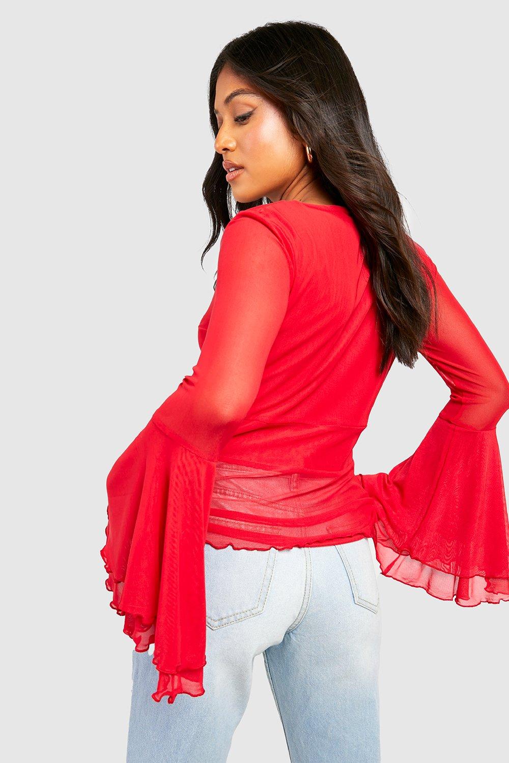 Red Crop Top - Basic Long Sleeve Tee - Red Bell Sleeve Top - $22, Tobi US