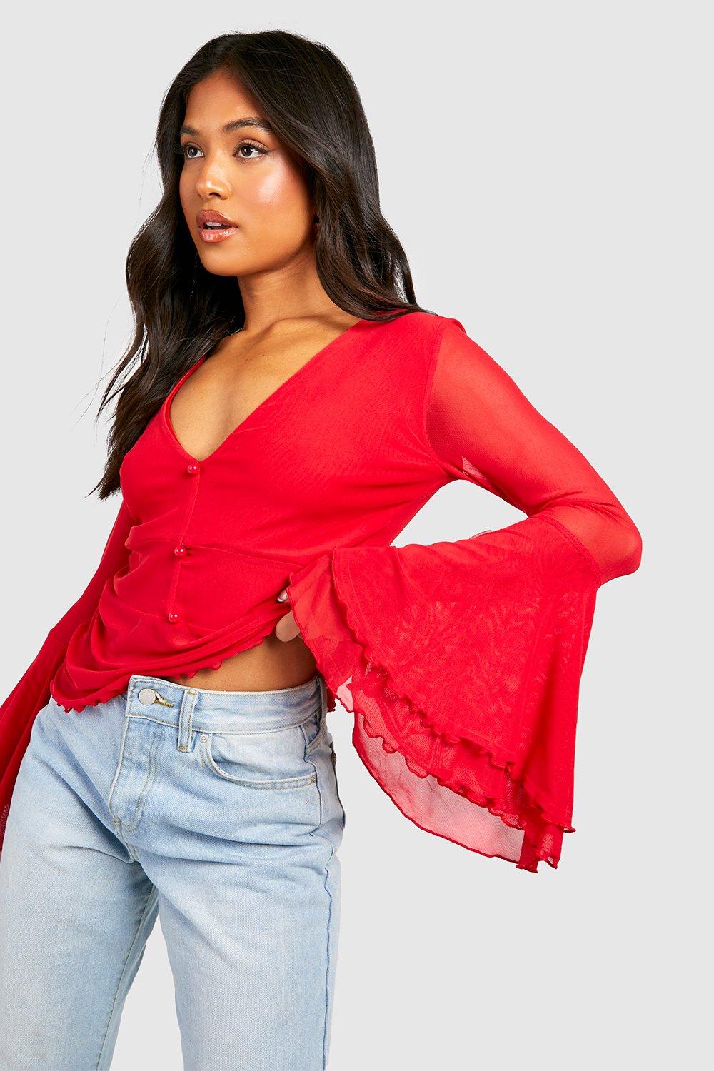 Red Wrap Over Long Sleeve Plunge Top, Women's Tops