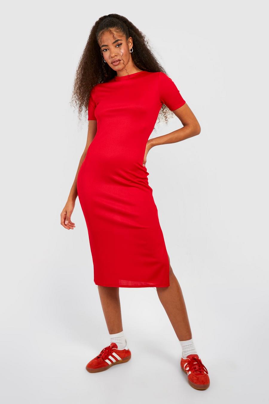 Red rosso Ribbed Split Detail Midi T-shirt Dress  image number 1